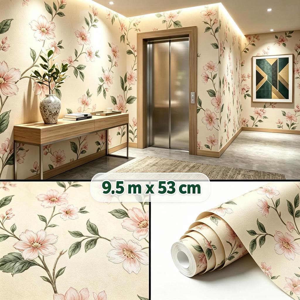 Papel de Parede Autoadesivo Flor Rosa Bege Creme Vintage 9,5m x 53cm Impermeável Decoração Quarto Sala
