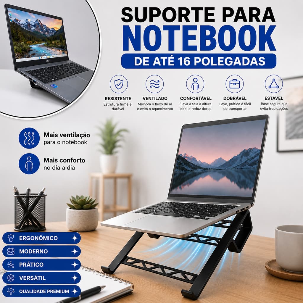 Suporte Notebook Ergonômico Base Elevada Ventilada para Mesa Antiaquecimento