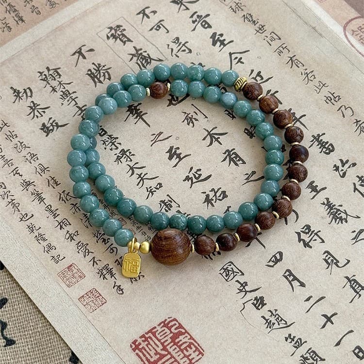 Nova pulseira de contas de calcedônia azul natural e sândalo dourado, estilo chinês, para homens e mulheres, pulseira de