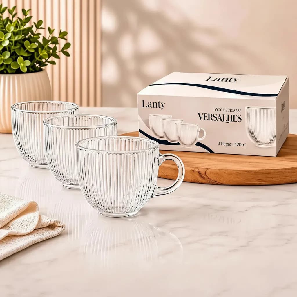Jogo de Xícaras Versalhes Clear com Pires para Café Chá Cappuccino Mesa Posta Xícara Transparente Elegante Cozinha Casa