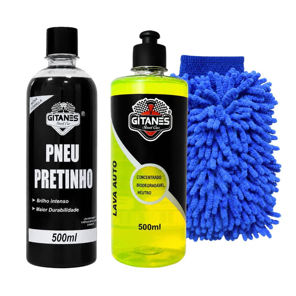 Pretinho Para Pneu Automotivo 500ml + Shampoo cremoso + Luva de Microfibra