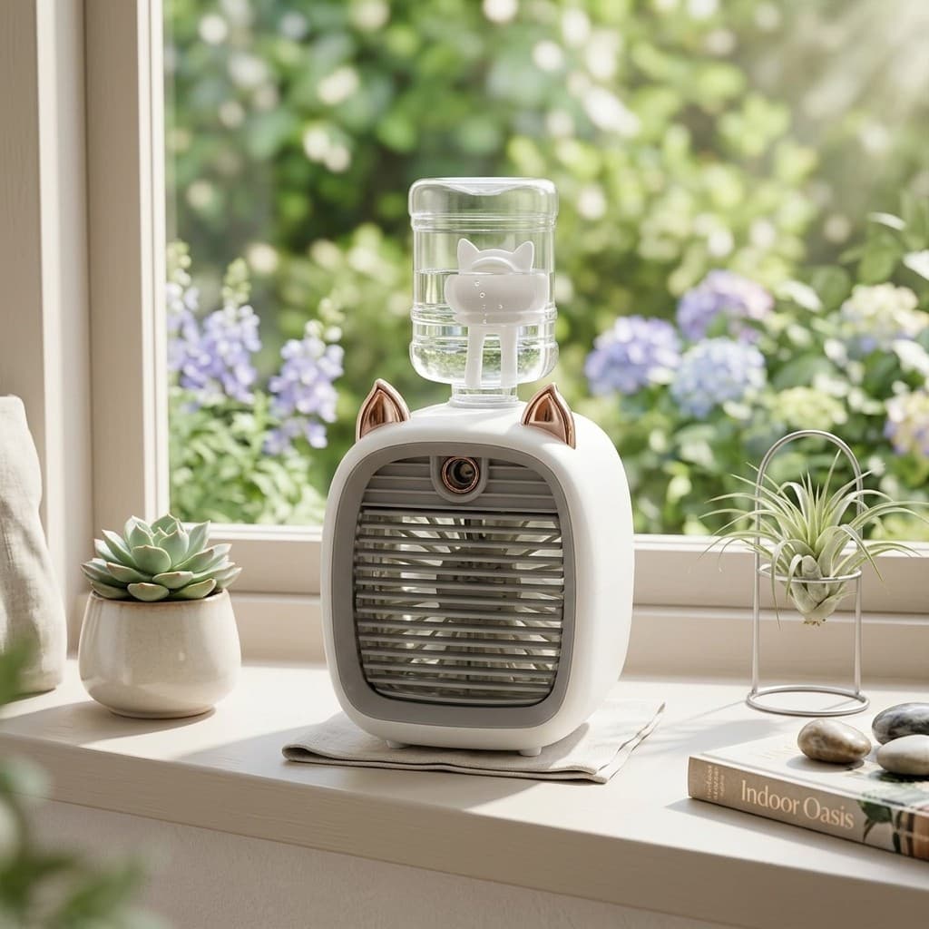 Ventilador de Mesa Compacto Recarregável Mini Ar Condicionado Frio Borrifador
