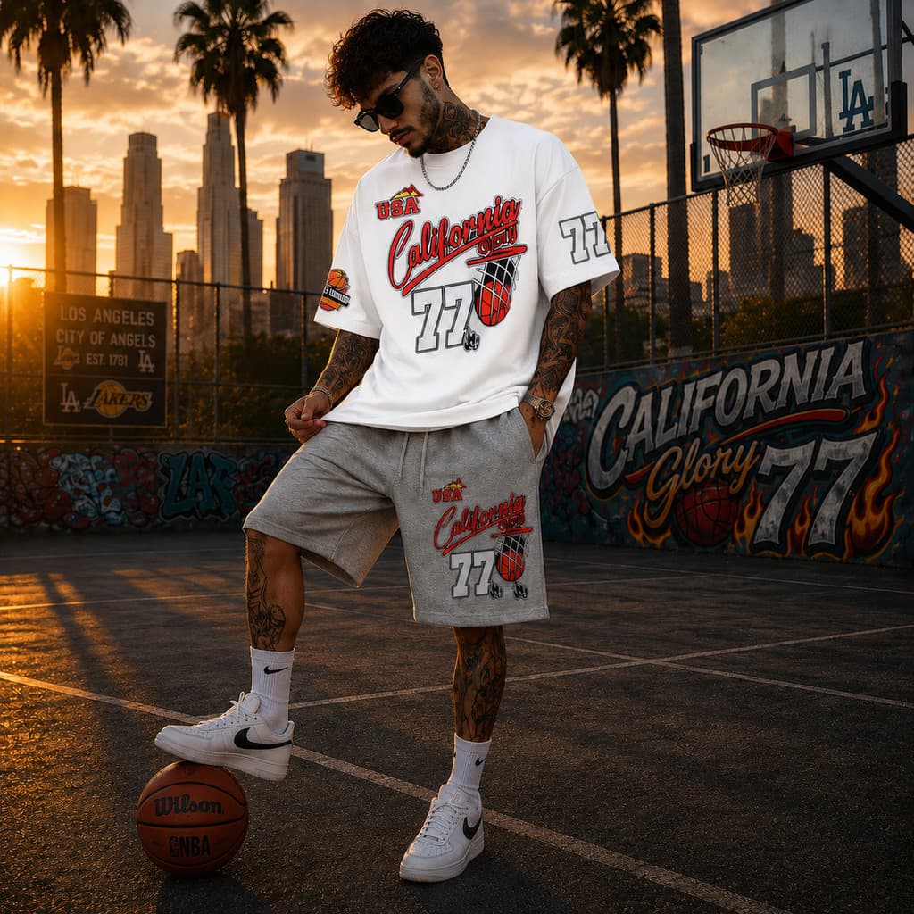 Conjunto Masculino Camisa Algodão e Short Moletom California 77 Streetwear Roupa Casual Y2K