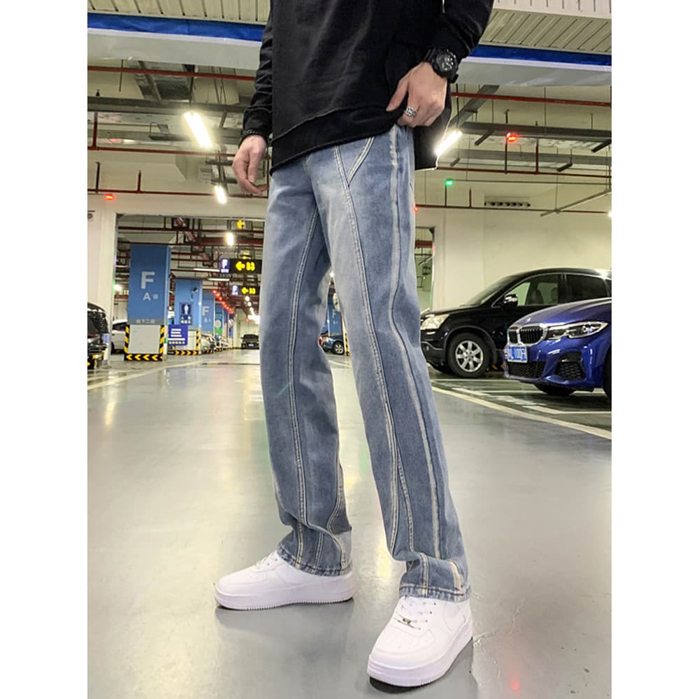 Calças de brim masculinas High-End rufião bonito calças masculinas em linha reta solta Casual calças compridas costura A