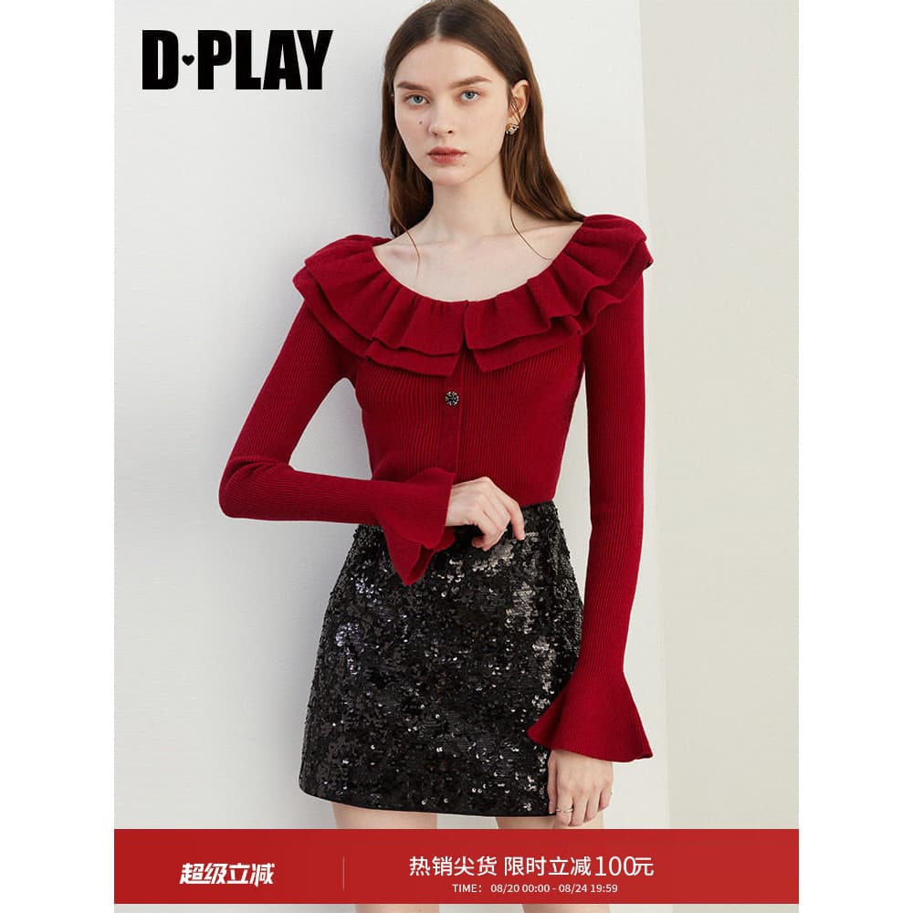 DPLAY Outono Novo Estilo Suéter Vermelho Feminino Gola U Babados Novo Suéter Slim-fit Top de Manga Comprida