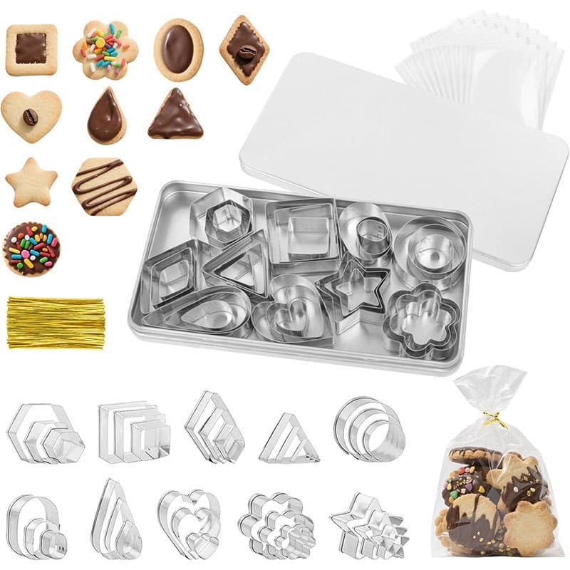 Conjunto de 30 Cortadores de Biscoitos de Aço Inoxidável Formas Variadas e Anéis para Confeitaria