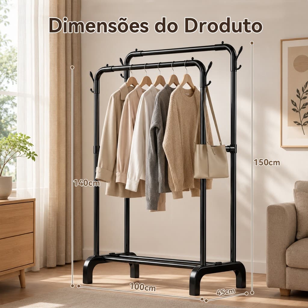 Cabideiro de Roupas com Sapateira Arara Closet Organizador Preto Ikaza
