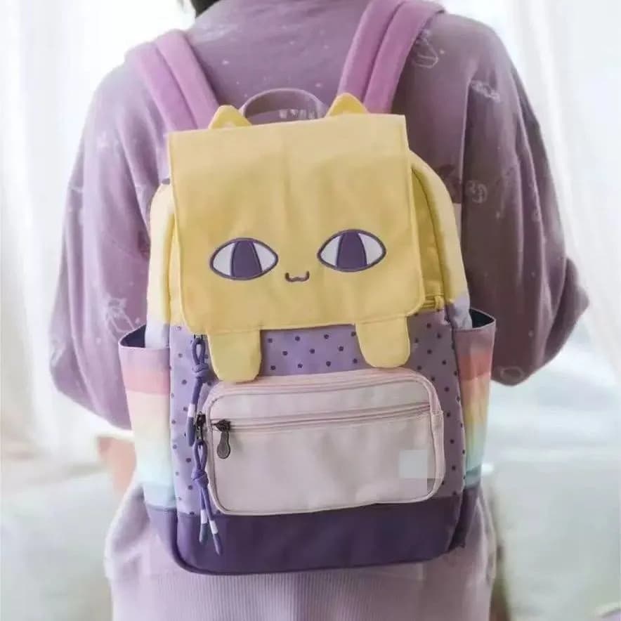 42741 Mochila Amarela Pequena e Leve com Estampa de Gato, Estilo Versátil Feminino, Atmosfera Y2k, Dois Designs de Desen