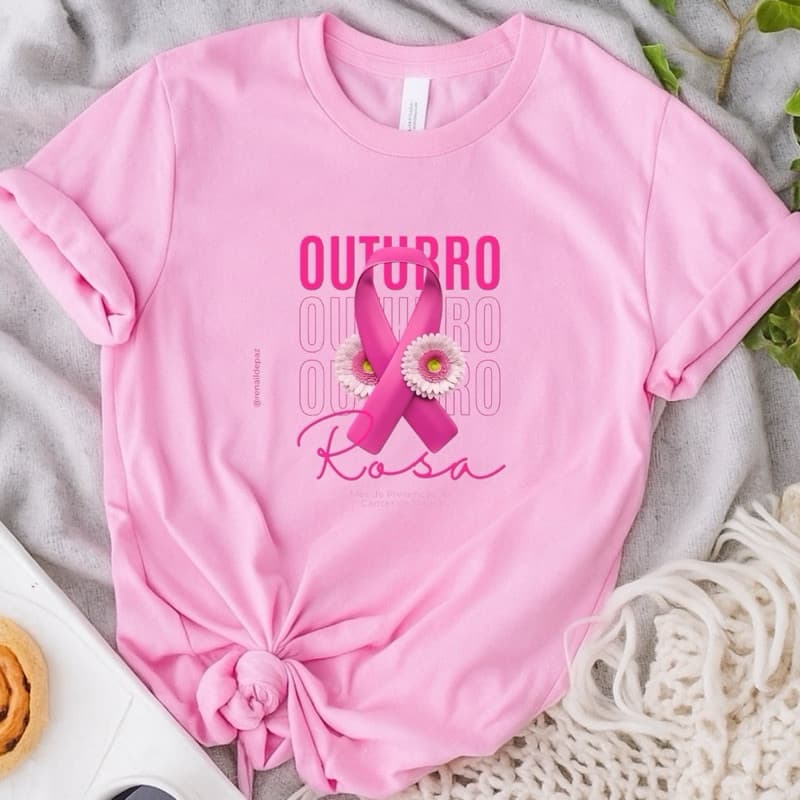 Camiseta Feminina Outubro Rosa Prevenção Saúde Câncer de Mama Campanha Laço Gesto de Amor Próprio Camisa T-shirt Blusa