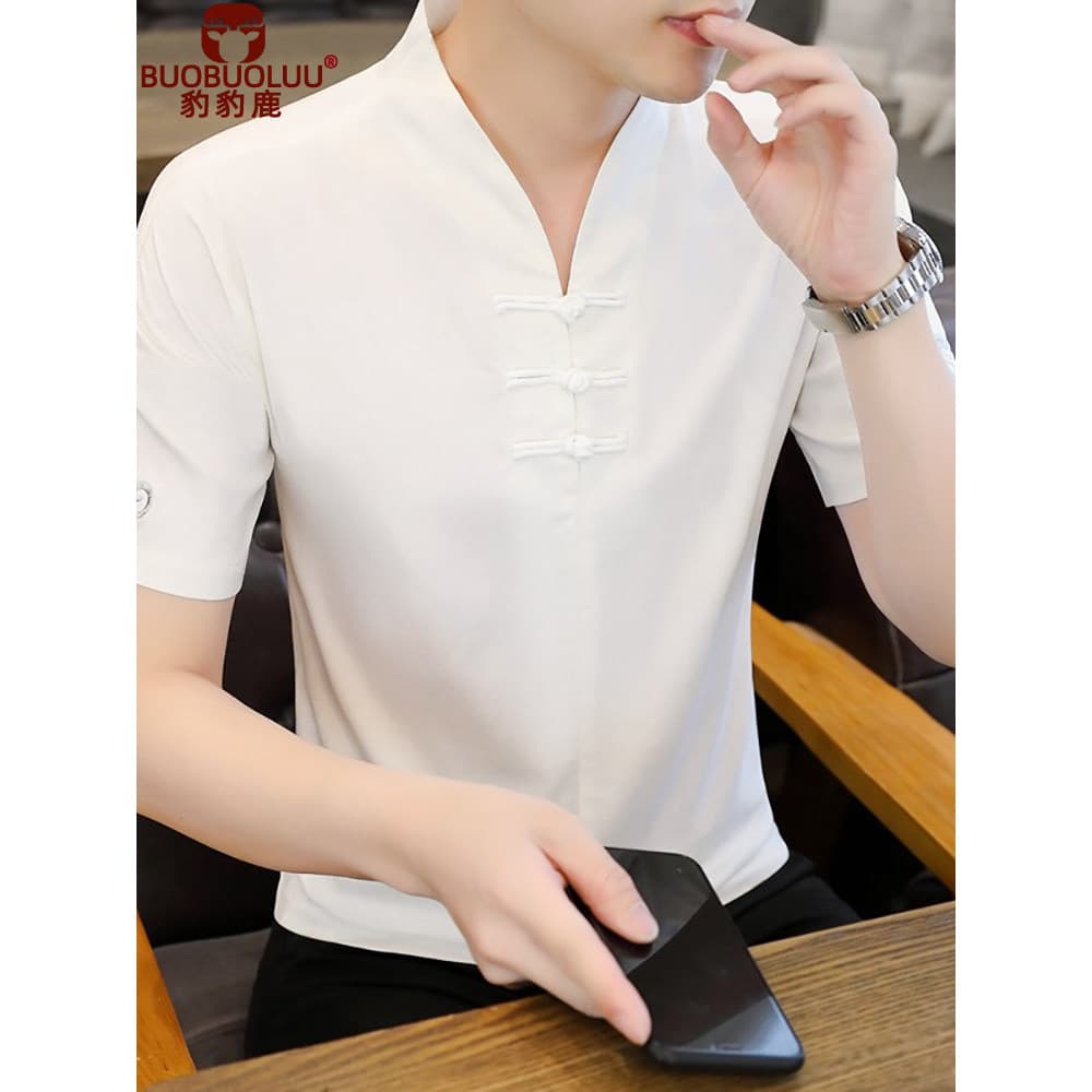 Camiseta de linho de algodão masculina de manga curta verão fino estilo chinês roupas masculinas Hanfu traje antigo juve