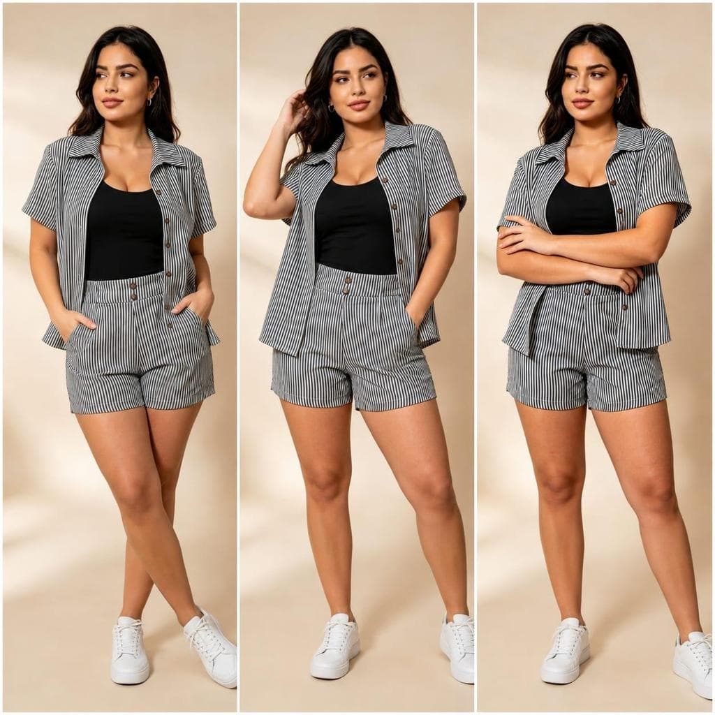 Conjunto Feminina Listrada Verão Tecido Duna Camisa com Botões e Short elastano na Cintura