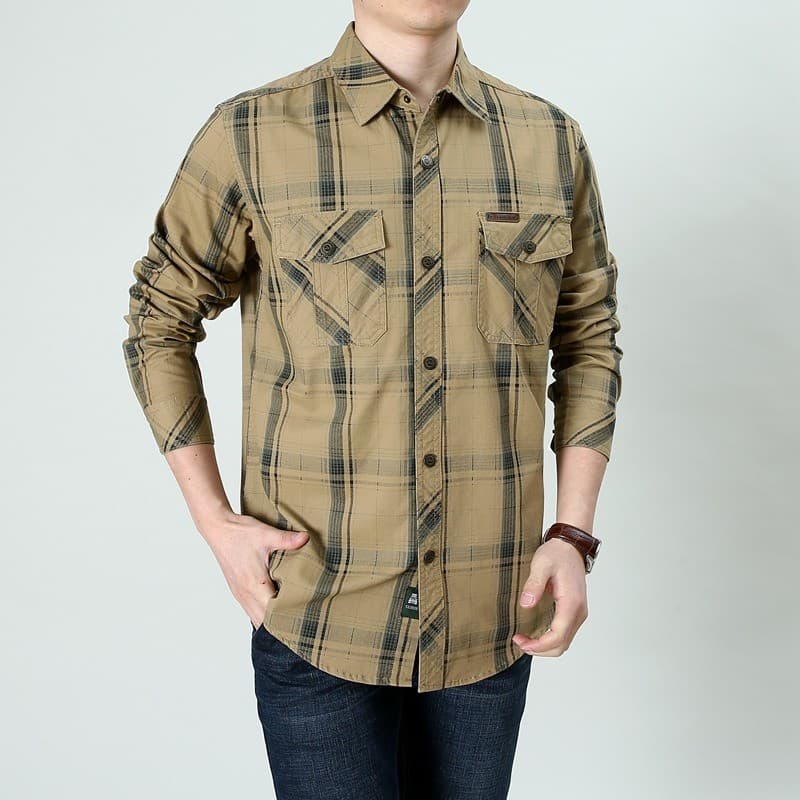 2025 primavera outono camisa xadrez masculina de manga comprida puro algodão topo All-Match solto Casual ferramentas est