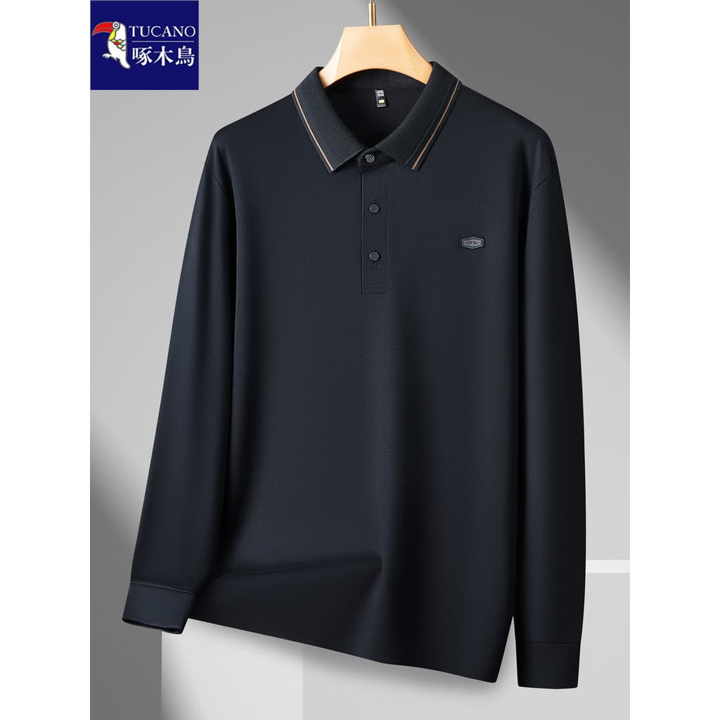 Woodpecker Plus Size gordura solta lapela manga longa camiseta masculina primavera outono de meia-idade Casual negócios