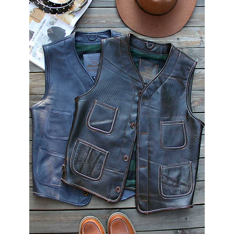 Americano Retro cáqui colete de couro genuíno masculino cera de óleo couro de cabra com decote em V motocicleta equitaçã