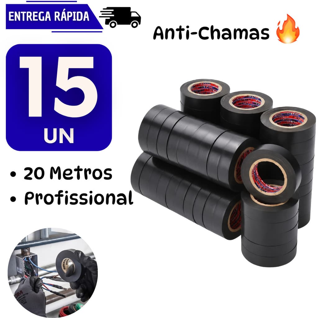 15 Fita Isolante Preta 20 metros Anti Chamas Instalação Elétrica Alta Resistente Fitas Fio Fogo Cabos