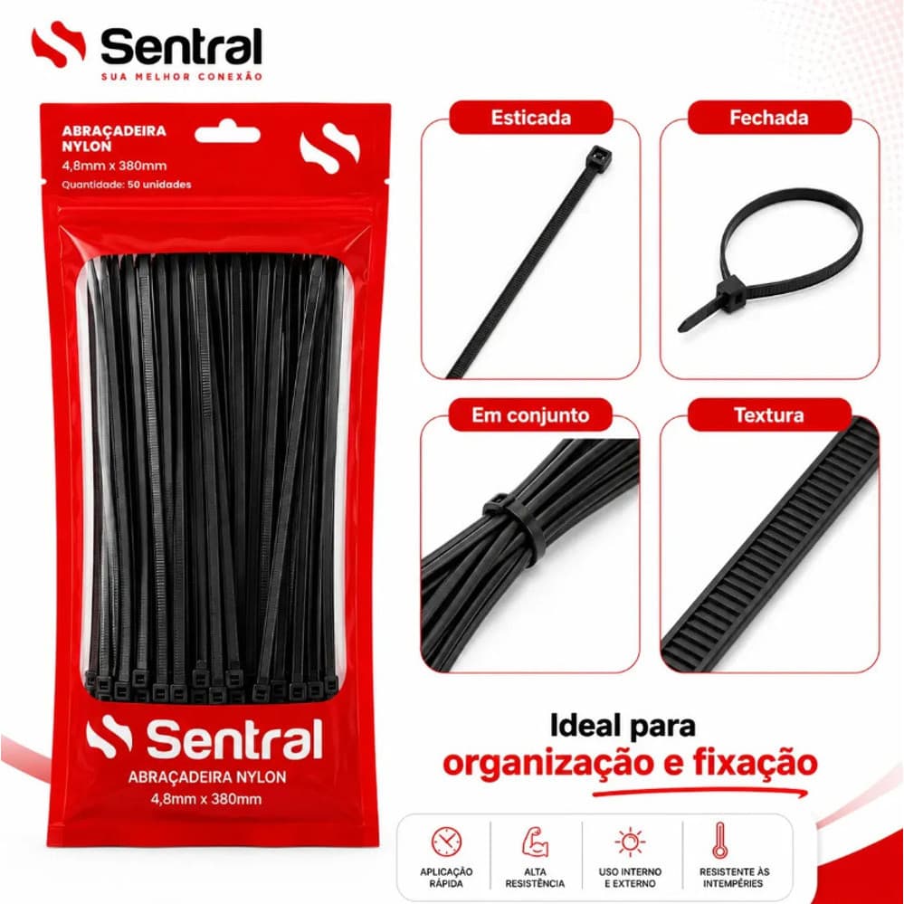 ABRACADEIRA NYLON 4.8X380MM 50 UNIDADES SENTRAL ENFORCA GATO