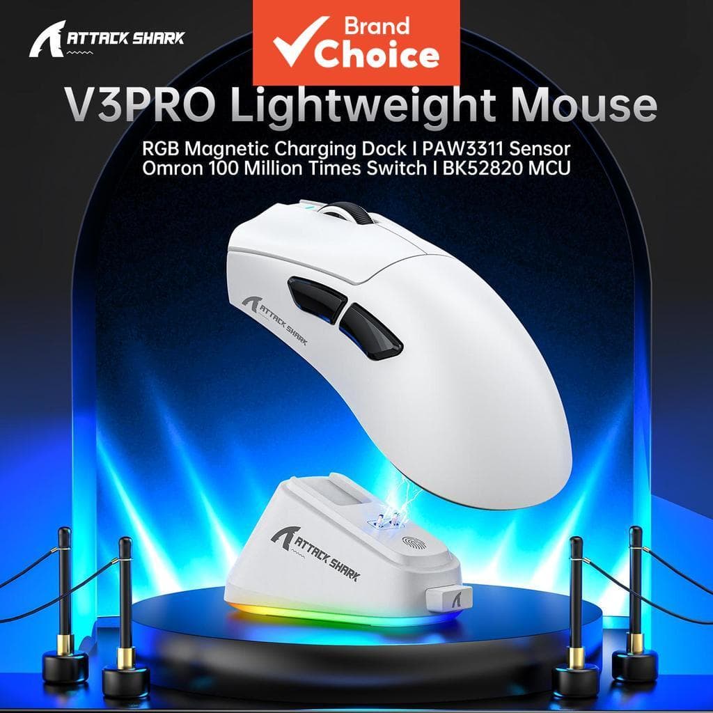 ATTACK SHARK V3Pro Mouse Para Jogos Sem Fio De 3 Modos 2.4G/BT/Com PAW3311 25000DPI 65g Base De Carregamento RGB Magnéti