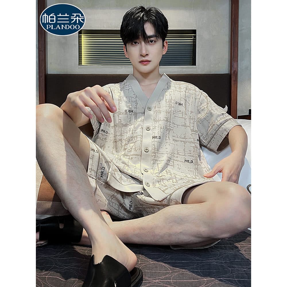 Pijamas masculinos de algodão puro verão 2026 novo estilo High-End moda masculina de manga curta Cardigan solto Homewear