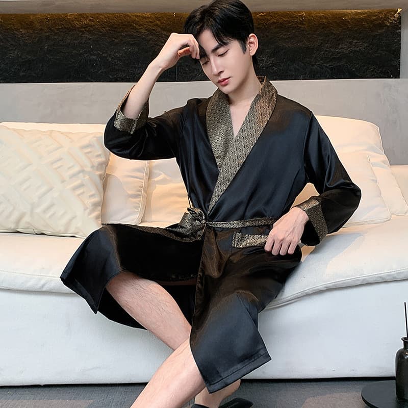 [Novo produto] Camisola masculina primavera outono comprimento médio simulação pijama de seda masculino High-End gelo se
