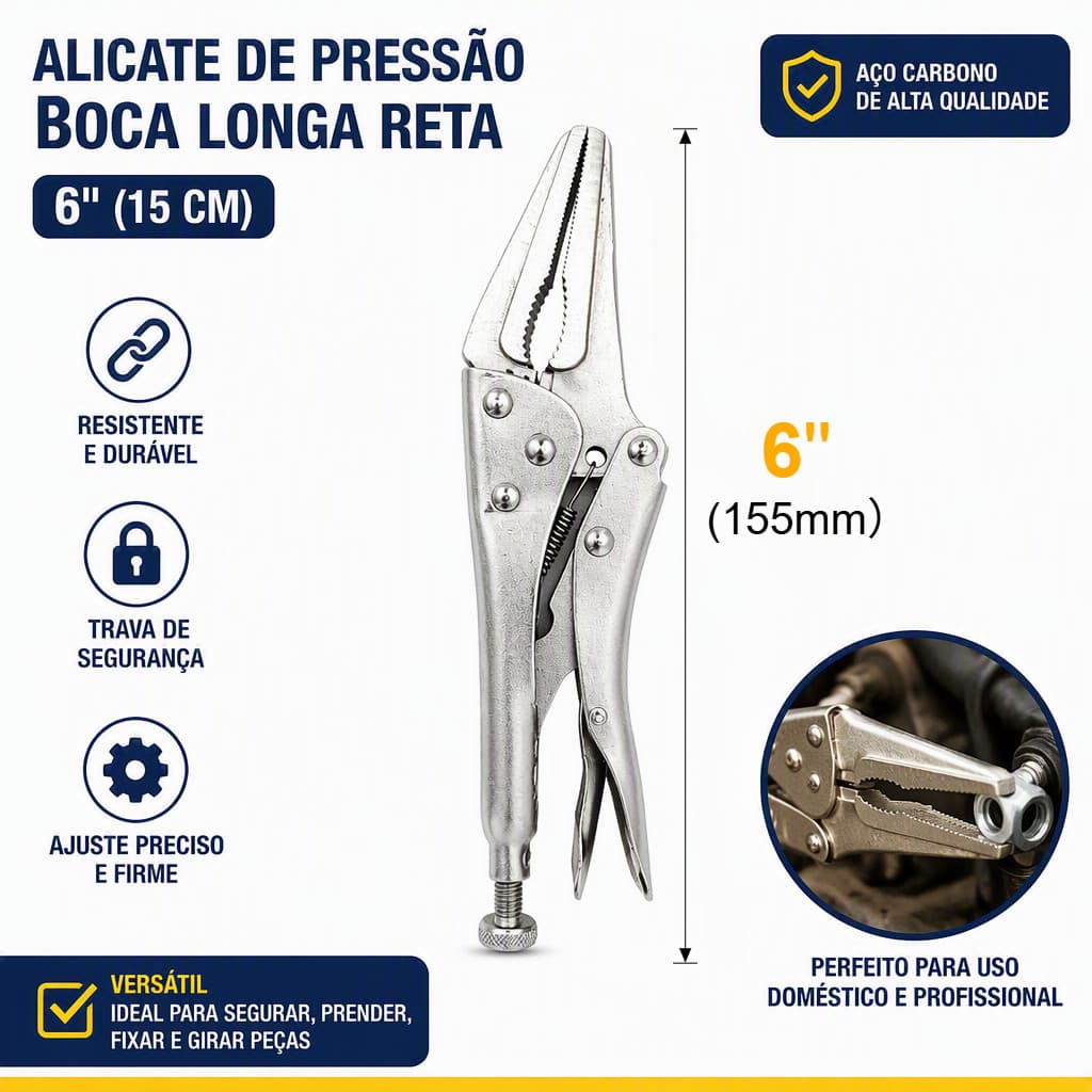Alicate de Pressão Bico Longo 6'' 10'' Profissional Alicate Travante Multiuso Reparo Mecânico Aço Cromo Reto Reforçado