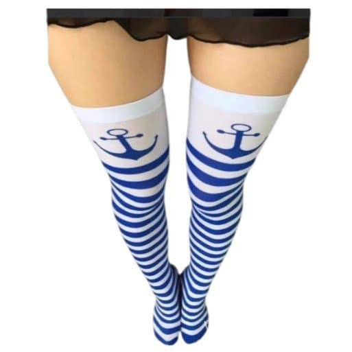 Meia 7/8 Fina Listrada Azul com Branco e Âncora Marinheira para Fantasia Festa Cosplay Carnaval