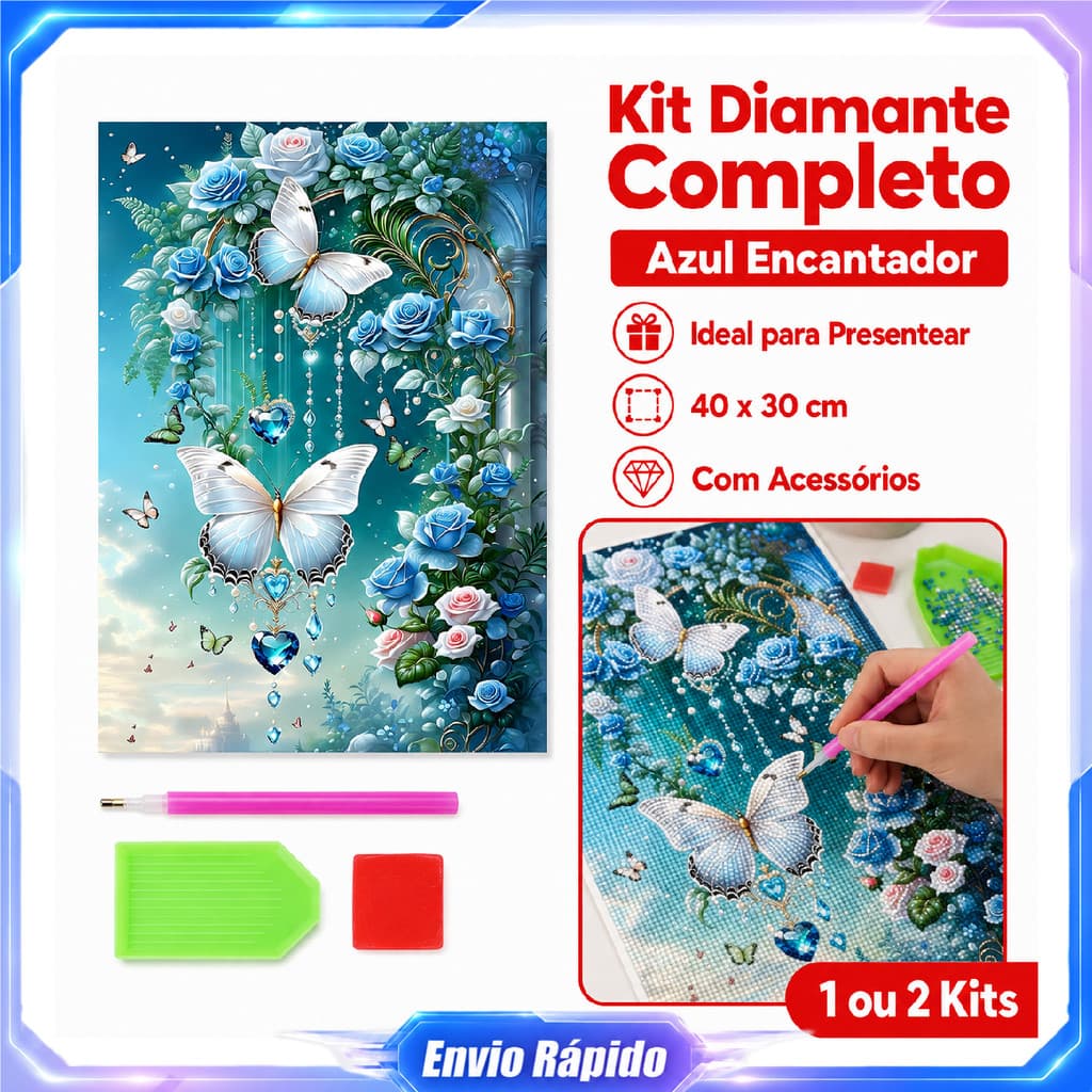 Kit pintura de diamante quadrado Borboleta Azul com Flores DIY 40x30cm com tela caneta bandeja e argila inclusos