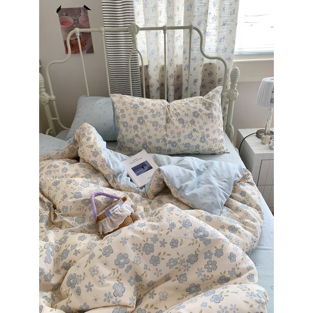 Conjunto de cama de algodão flor azul, quatro peças, estilo coreano, 1.5m, lençol, capa de edredom, 100 algodão puro, do