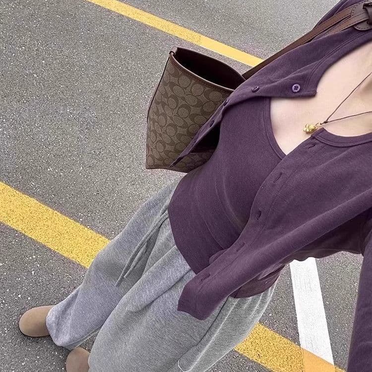 Plus Size feminino estilo coreano roxo camisola Cardigan feminino primavera outono curto fino ajuste interior de manga c