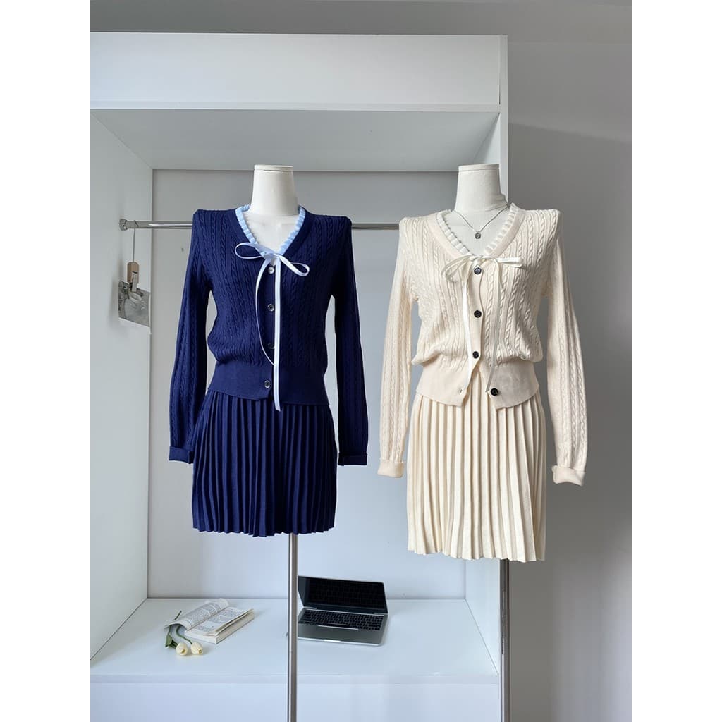 2024 outono inverno novo estilo versão coreana arco atado único Breasted com decote em V Cardigan de malha + saia plissa
