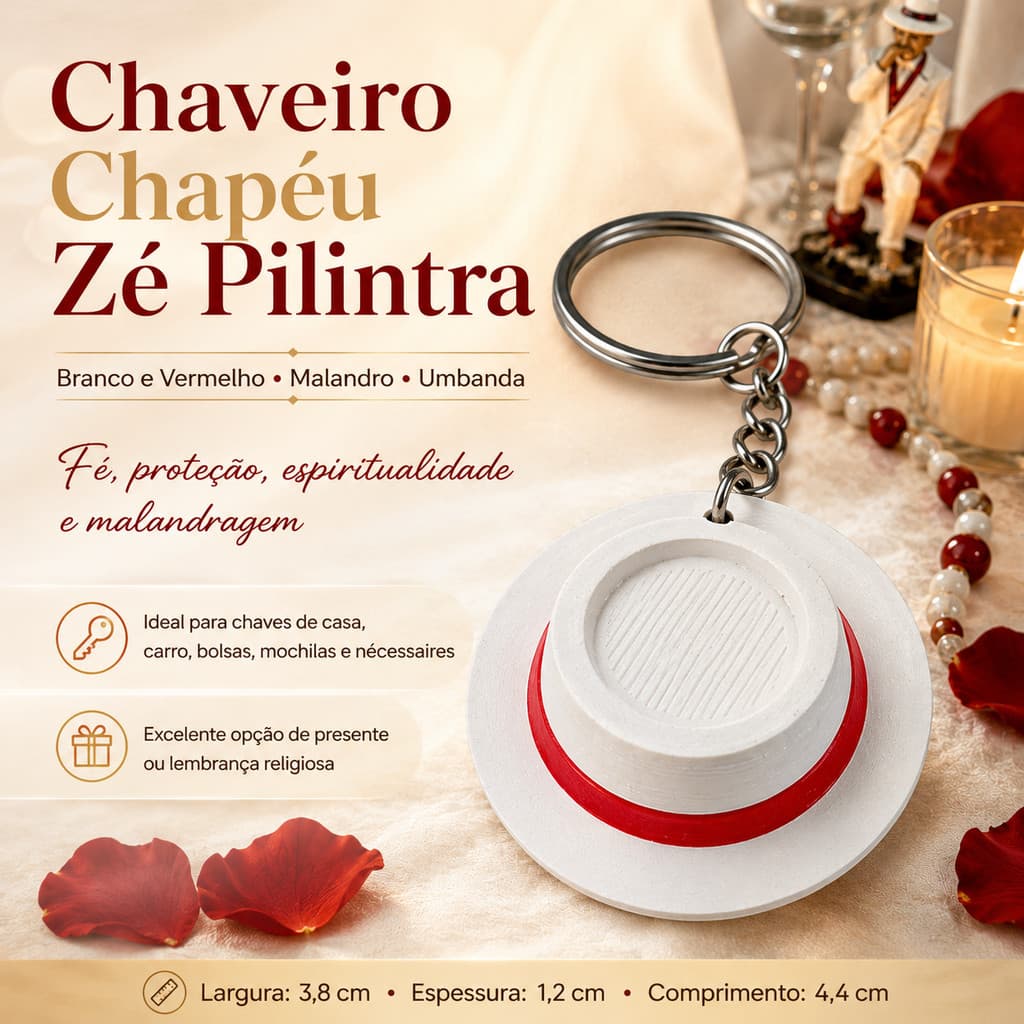Chaveiro Chapéu Zé Pilintra Branco e Vermelho – Malandro | Umbanda | Fé e Proteção