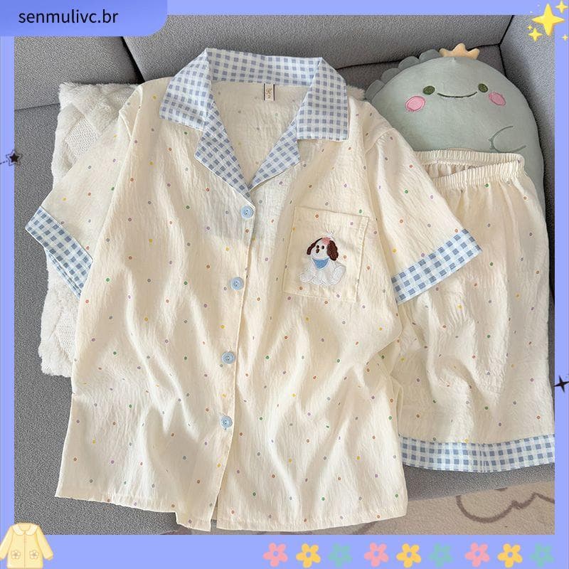 Azul listrado bebê elefante nuvem algodão pijamas feminino verão Shorts de manga curta estudante dos desenhos animados b