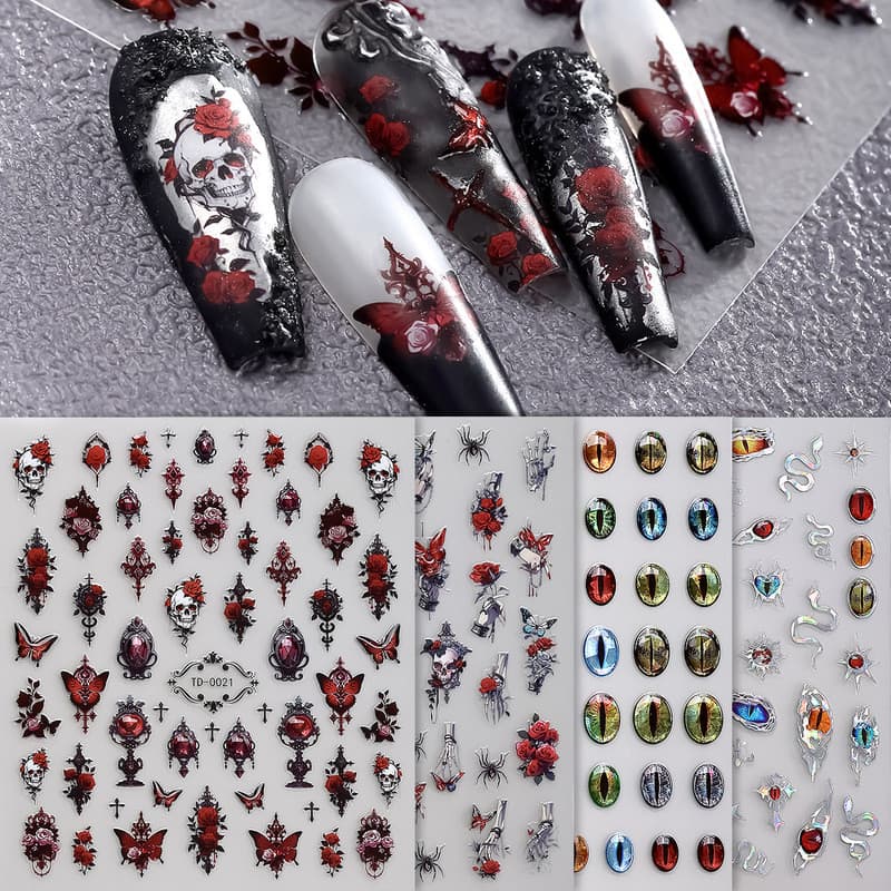 Estoque pronto novo estilo Halloween Manicure adesivos em relevo 5D estilo gótico escuro sangue rosa cola macia decalque