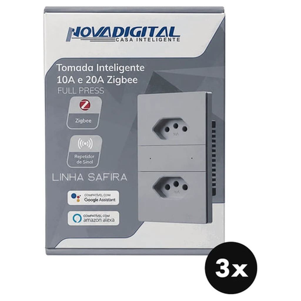 Kit 3 Tomada Dupla Inteligente NovaDigital Sat2 Safira ZigBee 3.0 Mesh Alexa Google Assistente 127V 220V Cinza Escuro