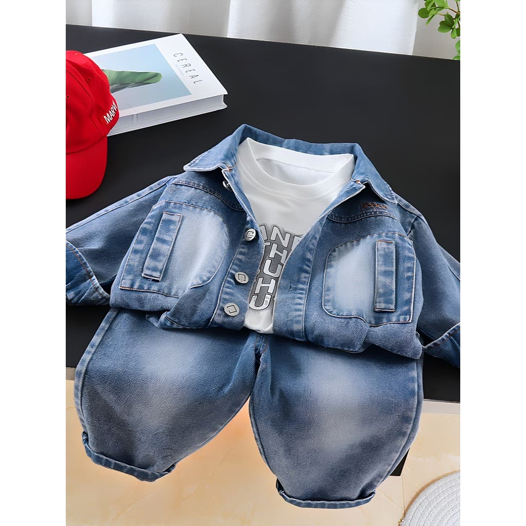 Meninos outono terno bonito moda bebê primavera outono Denim jaqueta de três peças terno do bebê crianças menino roupas