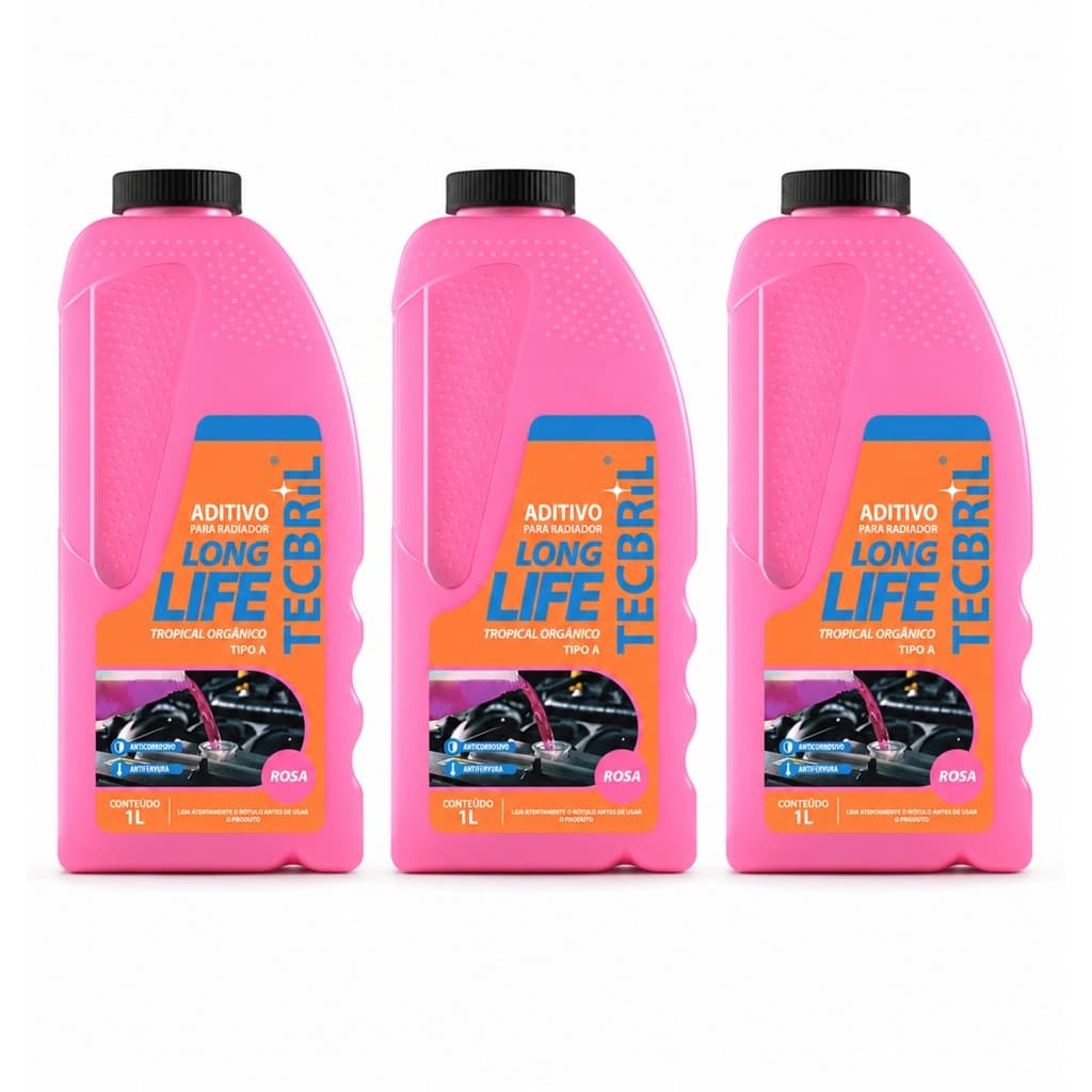 Kit 3 Aditivos Para Radiador Tecbril Rosa 1L Pronto Uso Orgânico Anticorrosivo Sistema Arrefecimento Proteção Motor