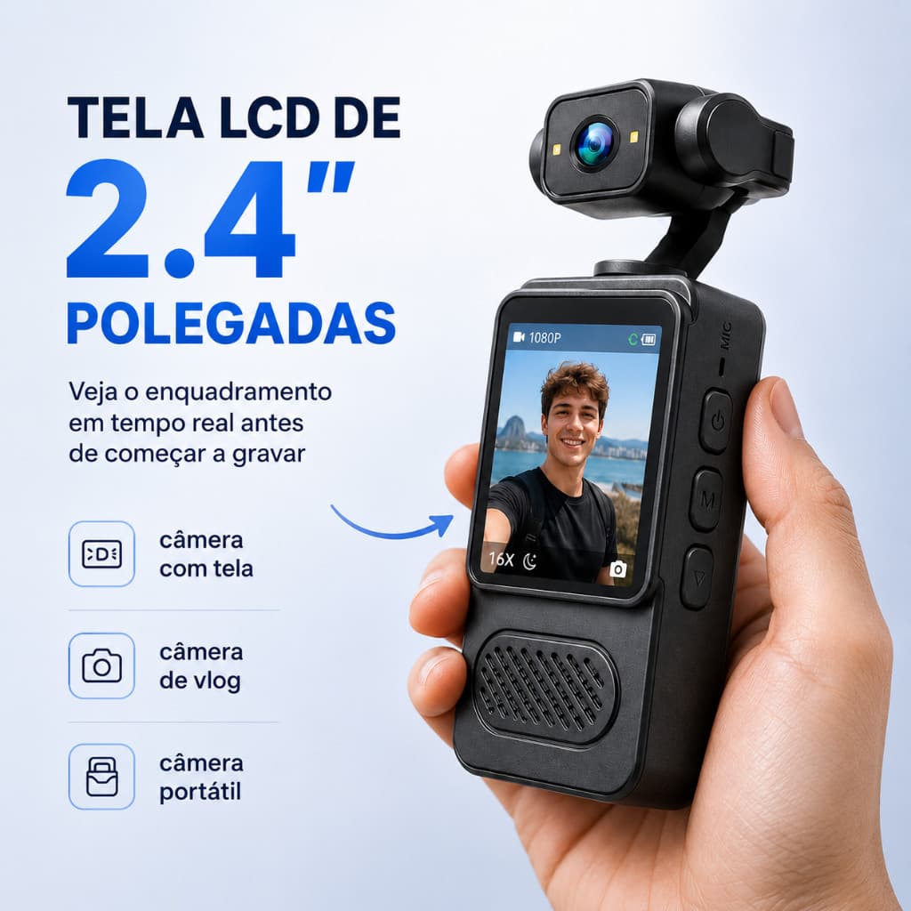 Câmera para Vlog 1080P com Tela LCD 2.4 Zoom 16X Visão Noturna e Webcam