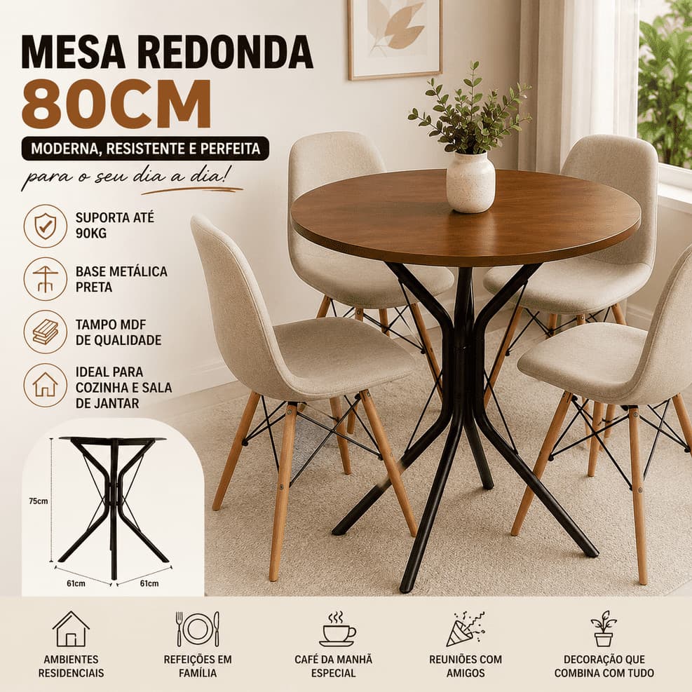 Mesa Redonda Industrial 80cm Base Aço Preta Tampo MDF Bistrô Restaurante Bar Pub Padaria