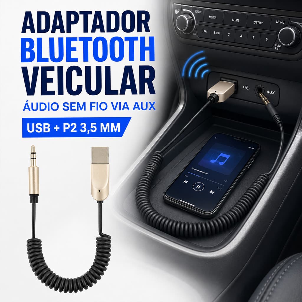 Adaptador Bluetooth 5.0 P2 para Som de Carro Receptor Áudio AUX USB Música Chamada Veicular