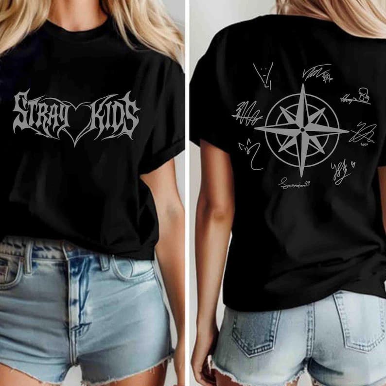 Camisa de Algodão Preta para Mulheres com Letras e Símbolo de Compasso, Ideal para Ocasiões Casuais