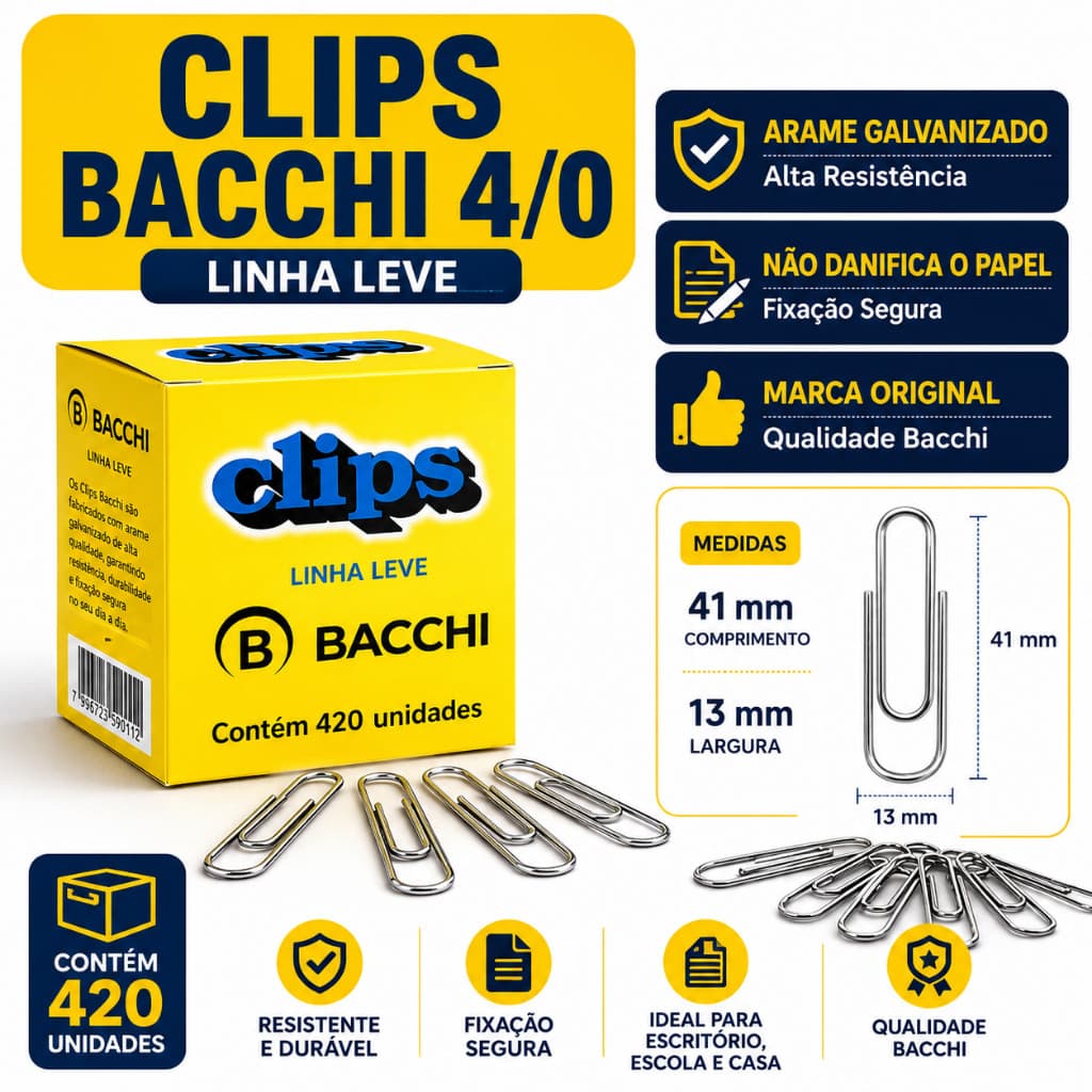 Clips Bacchi 8/0 Para Papel Caixa 170 Unidades Original Linha Leve