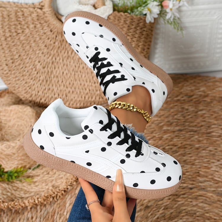 Senhoras novo estilo preto branco bolinhas retro tênis de treinamento alemão, bonito bolinhas impressas sapatos casuais