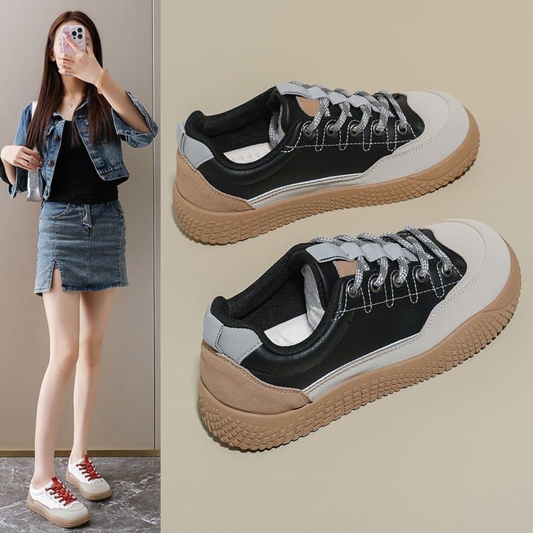 Sapatos casuais esportivos femininos de cano baixo combinando com cores retrô, sapatos de treinamento com cadarço com co