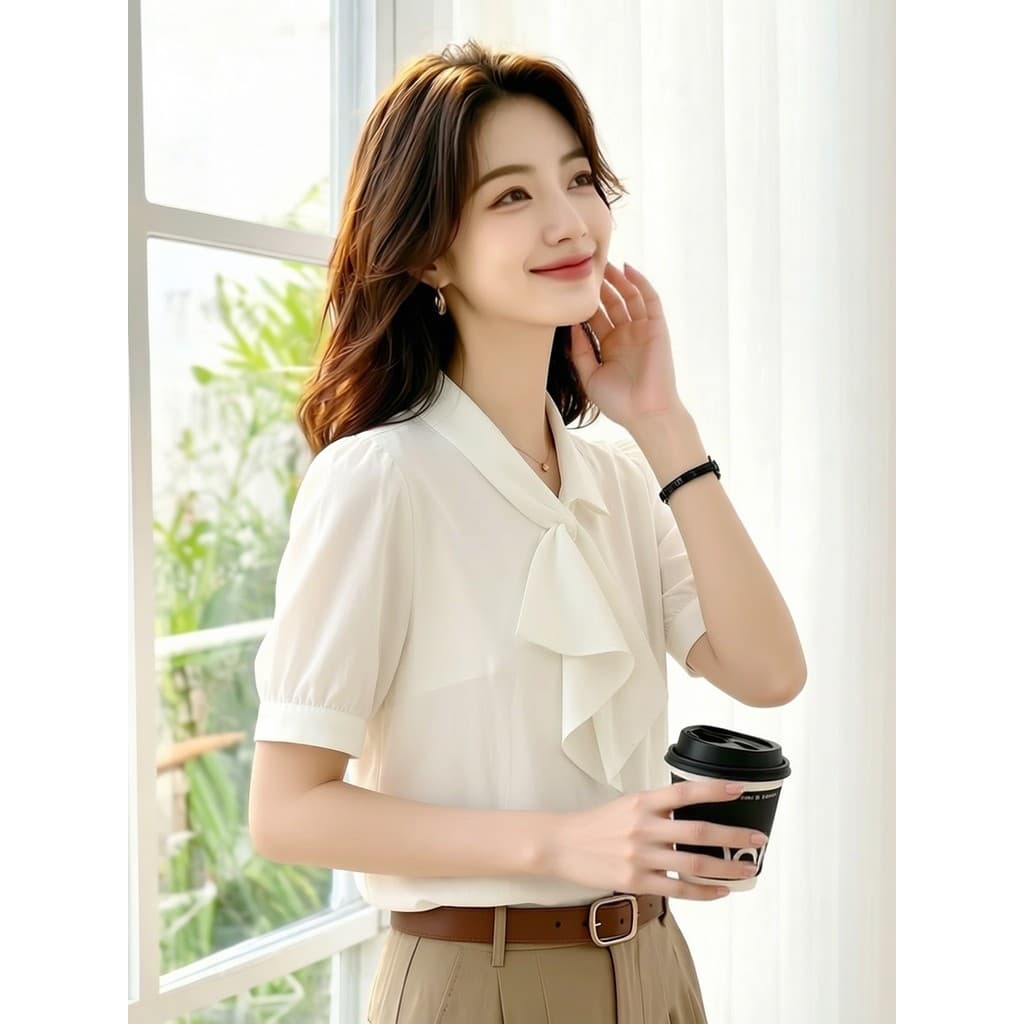 Francês High-End fita de cetim camisa de manga curta feminina verão 2026 novo estilo Commuter mais magro olhar camisa to