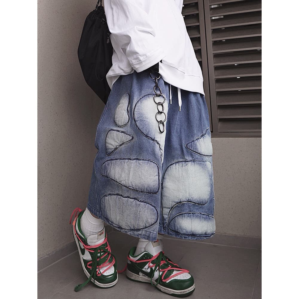 UUCSCC Hip-Hop Street Wear Retro Solto Calças de Comprimento Médio Calças de Cinco Pontos Americano vintage Angustiado P