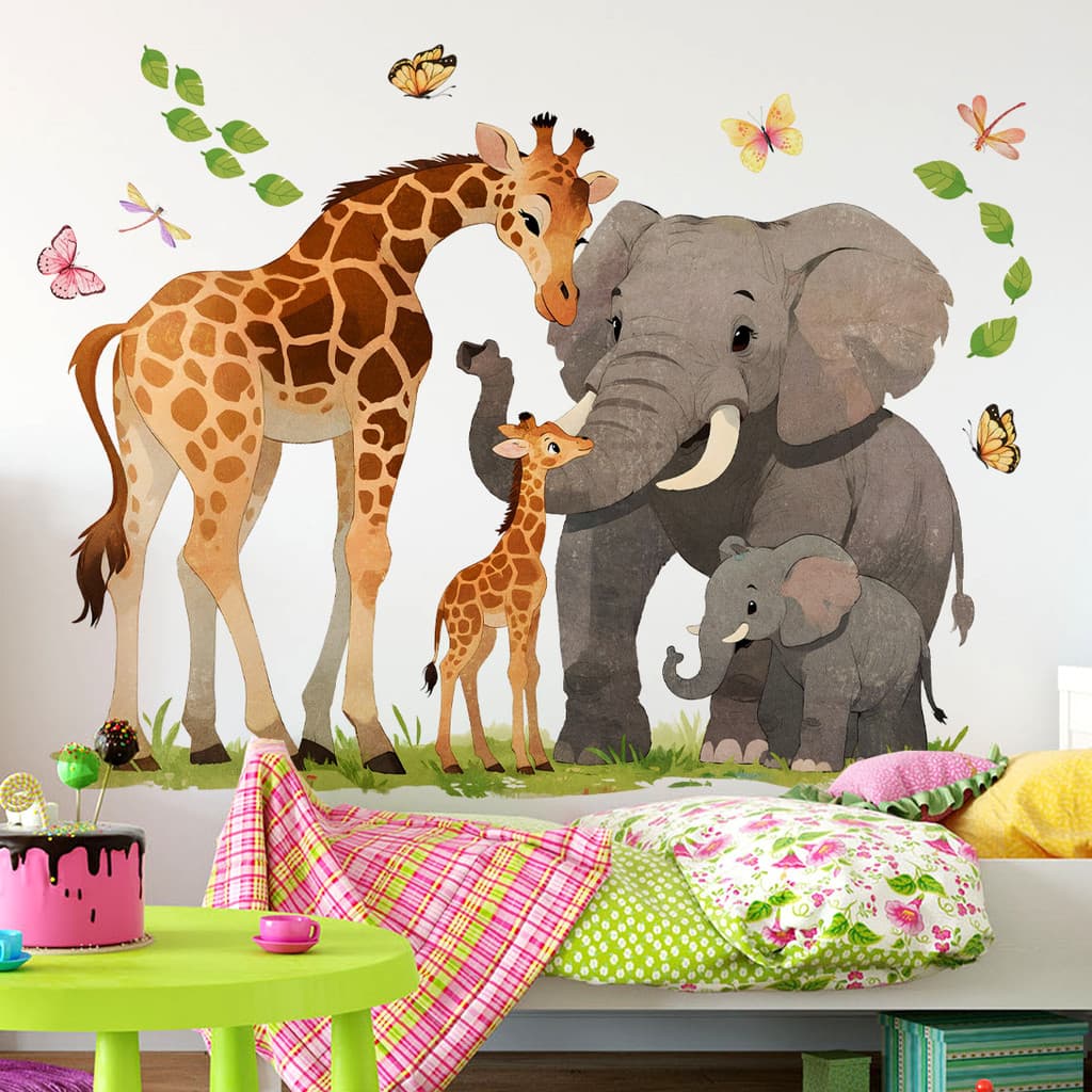 Adesivos de parede dos desenhos animados girafa elefante folha verde borboleta adesivos de parede sala de estar decoraçã