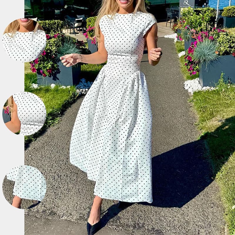 Vestido Longo Feminino Clássico Francês de Bolinhas com Alça e Cintura Marcada, Estilo Praia e Férias, Coleção Verão 202