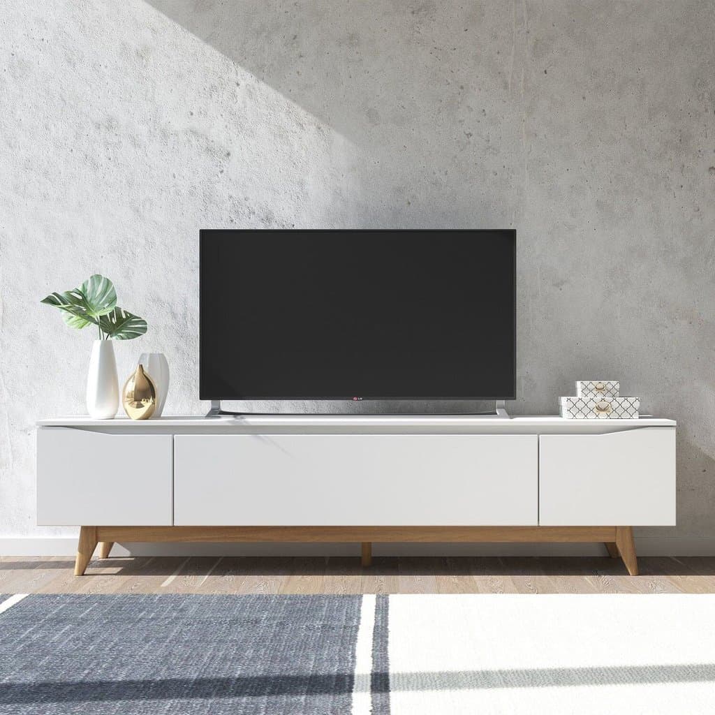 Rack para TV até 75 Polegadas MDF 219,5cm Pés em Madeira Maciça Flynt Bege Off White/Natural