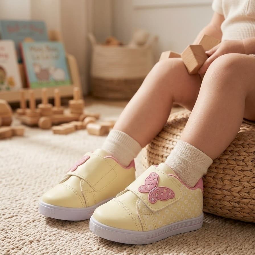 Tênis Infantil Menina Borboleta Amarelo Estampa Floral Velcro Conforto para Escola Moda