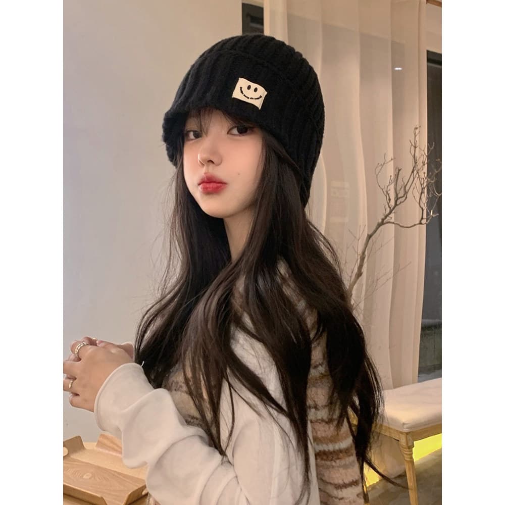 Chapéu feminino outono inverno quente All-Match versão coreana influenciador Smiley Face pequeno chapéu de lã de malha b