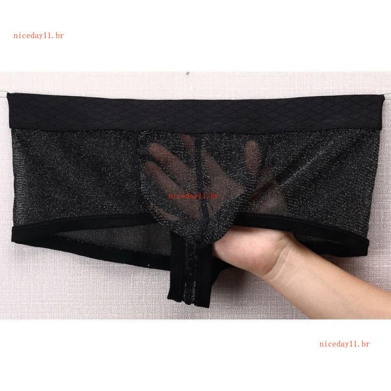 Cuecas boxer transparentes masculinas, material de malha fina, bolsa de malha, design de cintura baixa, cintura larga, t
